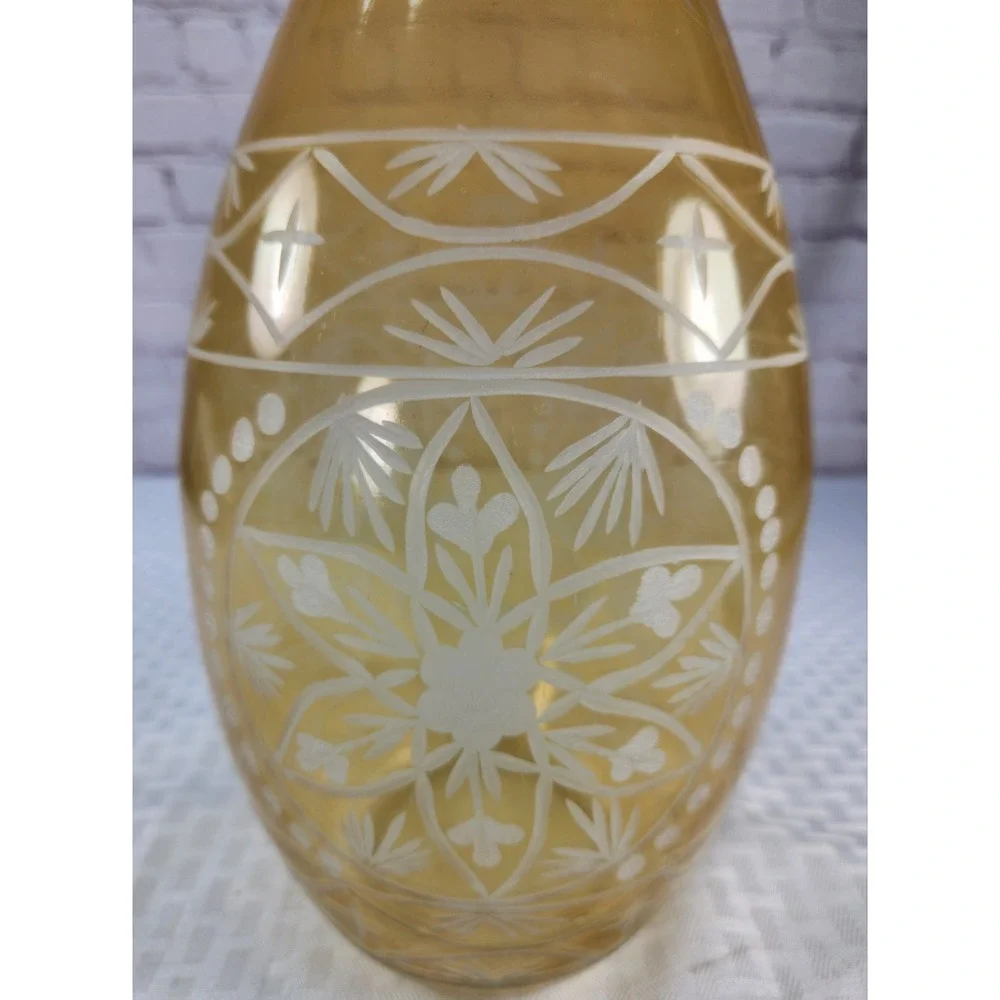 Large Intricately Etched Glass Bottle Handmade Yellow Vase Art Decor 14.75